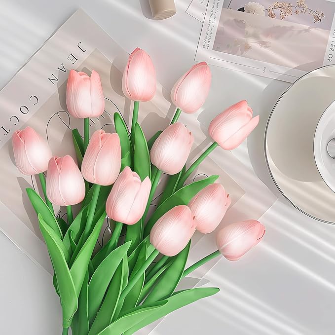 20 Pcs Tulips Artificial Flowers 13" Pink Faux Flowers Real Touch PU Fake Tulips Bouquet for Floral Arrangement Home Kitchen Table Wedding Decorations