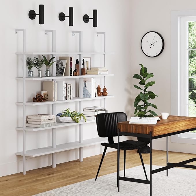 Nathan James Theo 5-Shelf Modern Bookcase, Open Wall Mount Ladder Bookshelf with Industrial Metal Frame, White, Set of 3