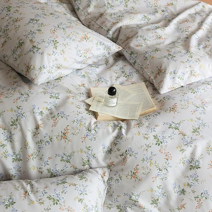 LifeTB Vnitage Style Flower Duvet Cover Set Twin Soft Cotton Botanical Floral Comforter Cove Girls Cottagecore Bedding Set Boho Flower Comforter Cover with Zipper Ties Vintage Country Bedding