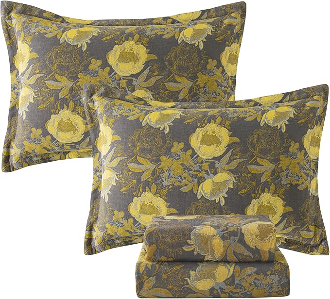 FADFAY Floral Sheets Set King Vintage Grey Yellow Floral Bedding Shabby Peony Farmhouse Bedding Super Soft Washed Double -Layer Muslin Sheets 100% Cotton Deep Pocket Fitted Sheet 4Pcs, King Size
