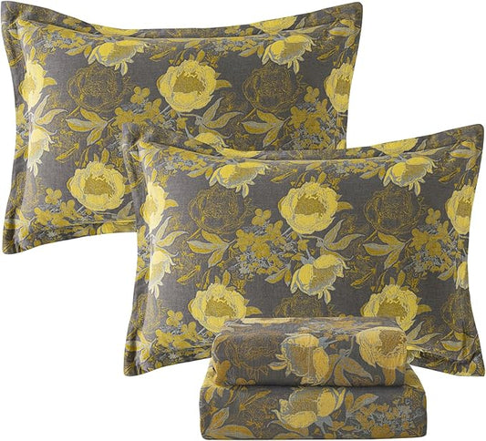 FADFAY Floral Sheets Set King Vintage Grey Yellow Floral Bedding Shabby Peony Farmhouse Bedding Super Soft Washed Double -Layer Muslin Sheets 100% Cotton Deep Pocket Fitted Sheet 4Pcs, King Size
