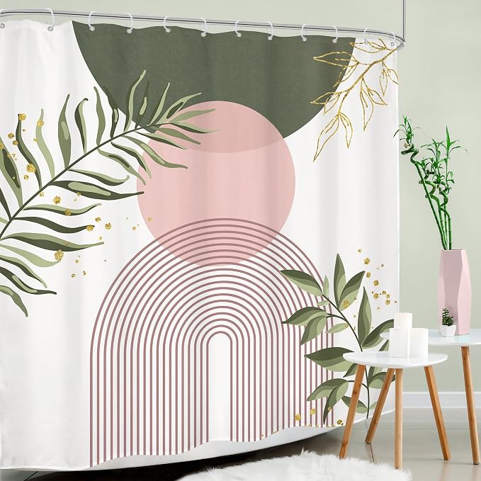 Green Pink Boho Shower Curtain 72Wx72H Modern Bohemian Abstract Sage Green Gold Leaves Plant Botanical Minimalist Bathroom Decor Geometric Neutral Bath Curtain Fabric Polyester 12 Pack Hooks