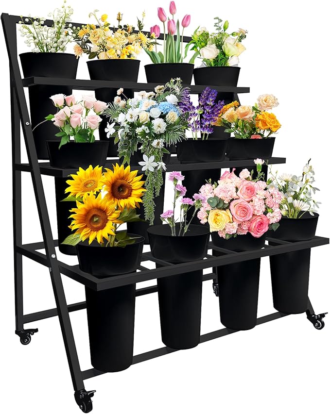 PROLEE Flower Display Stand with 12 Buckets, Flower Cart 3 Layers, Flower Stand Metal with Wheels, Moving Florist Bouquet Shelf, Triangular Rack Black