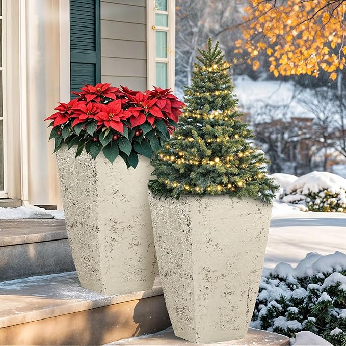 19" Plant Pots Tall Planters for Plants Outdoor Set of 2 Large Square Flower Pots Indoor Front Porch Decor Garden Pot with Drainage Hole Handmade Birch Bark Texture for Patio, Country White