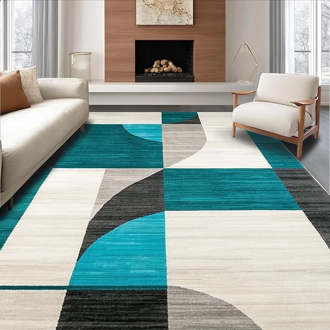 Flatwoven High Traffic Area Rug 8x10, Modern Abstract Geometric Rug Stylish Home Decor, Non Slip, Stain Resistant, Washable Area Rugs for Living Room, Bedroom (Teal, 8x10)