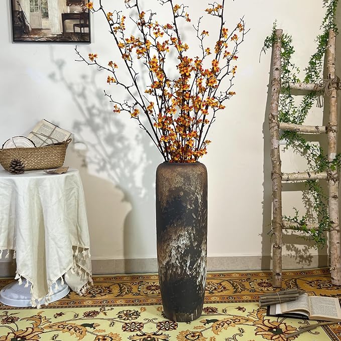 Black Rustic Ceramic Tall Floor Vase, 23.6 Inch Vintage Large Farmhouse Vase Pottery Clay Terracotta Rustic Vases for Home Decor Living Room Entryway Table Centerpieces,Kitchen,Housewarming Gifts