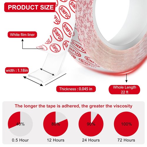 Sinfuo Heavy-Duty Double-Sided Tape - Removable Nano Adhesive for Picture Hanging | 22 Ft Clear Strips