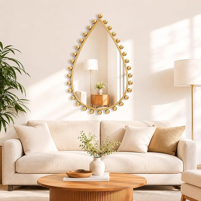 Antique Gold Teardrop Mirror Unique with Ball Frame – 24"x36" Beaded Large Decorative Ornate Wall Mirror for Bathroom, Bedroom, Living Room, Hallway