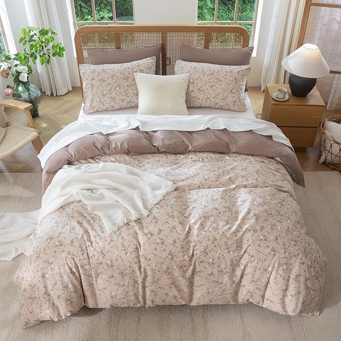 Queen Size Comforter Set Floral Soft 3 Pieces Chic Crinkle Gauze Fabric Garden Style Vintage Floral Print Botanical Comforter for All Seasons Luxury Warmth Comfy Breathable with 2 Pillowcases