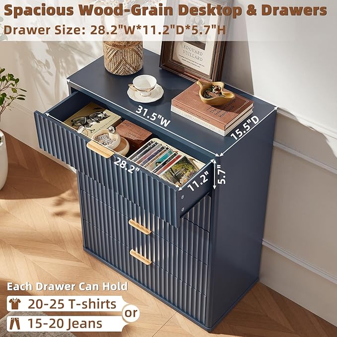 Fluted 5 Drawers Dresser for Bedroom, 41" Tall Modern Chest of Drawers with Metal Handle,Navy Blue Wood Drawer Organizer for Bedroom, Living Room, Hallway, Entryway