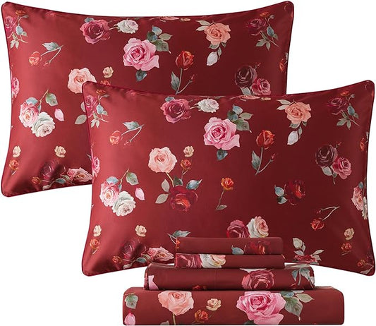 FADFAY Red Rose Sheets Set King Vintage Rose Floral Bedding Chic Rose Flower Bed Sheets Shabby Farmhouse Bedding 100% Percale Egyptian Cotton 800 Thread Count Deep Pocket Fitted Sheet 4Pcs, King Size