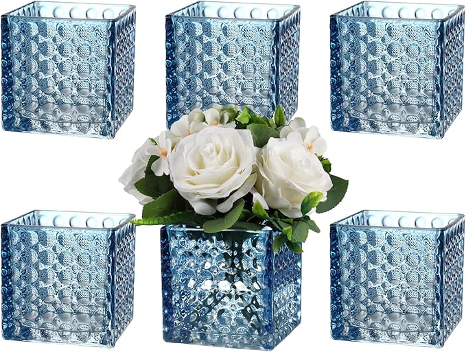 Square Vases Set of 6, 5" x 5" x 5" Square Glass Vases for Flowers, Blue Flower Vase for Centerpieces, Small Bubble Vase for Wedding, Party, Home, Office, Parties, Events