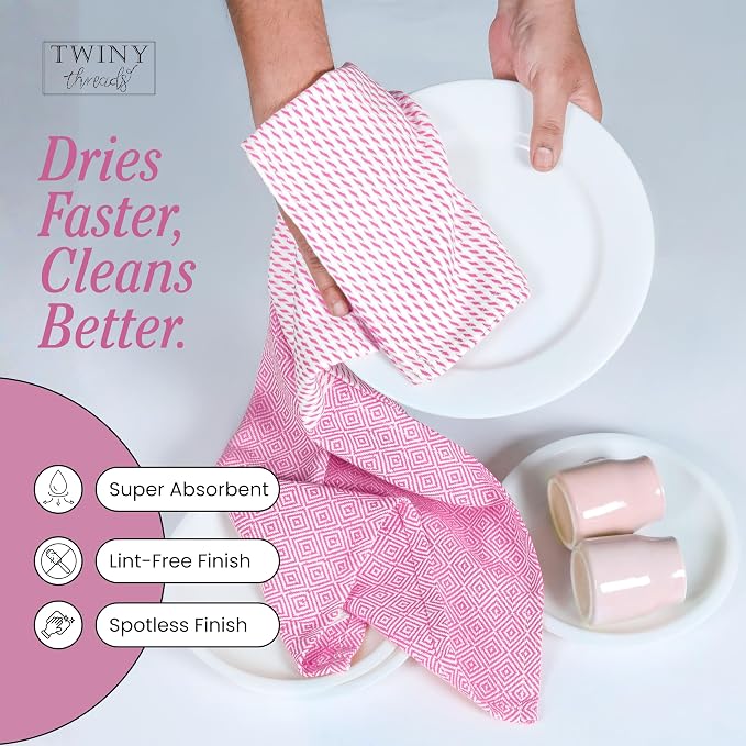TWINY threads Kitchen Towel Diamond Weave, 4 Pack, Premium Large 100% Cotton Kitchen Linen Set, Absorbent Quick Drying Dish Rags for Drying Dishes, Multi Purpose Washable Towel, 18"x26", Rose Pink