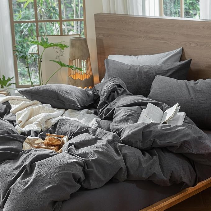 MooMee Wavy Striped Duvet Cover Set 100% Washed Cotton Linen Like Textured Breathable Durable Soft Comfy (Charocal Grey, Super King 108"x98")