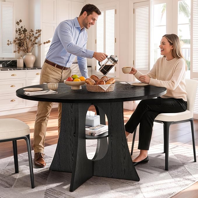 47" Round Dining Table for 4-6, Space-Saving Dining Room Table with Thick Tabletop and Sculptural Base, Wood Grain Dinner Table with Storage Shelf for Kitchen, Dining Room, Living Room, Black