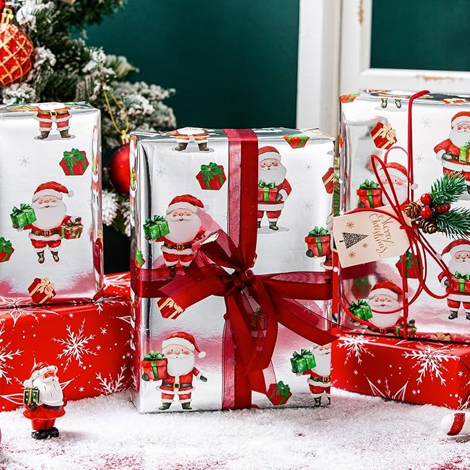 MAYPLUSS Christmas Wrapping Paper Roll - 17IN X 33FT - Gift Wrapping Paper Featuring Santa Claus Snowflake Against Red for Kids, Holiday, New Year