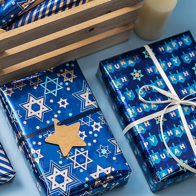 MAYPLUSS Wrapping Paper Roll - Mini Roll 17in *120in Per roll 3 Rolls Gift Wrapping Paper Hanukkah Design,Menorahs, Star of David, Letter Hanukkah for Chanukah Celebration (42.3 sq.ft.ttl)