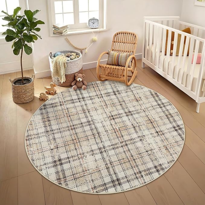 Tartan Plaid Round Washable Rug, Soft Modern Round Rugs 5ft Circle Carpets for Bedroom Ultra-Thin, Boho Beige Print Circular Carpet for Living Room Dorm Bedside, Beige