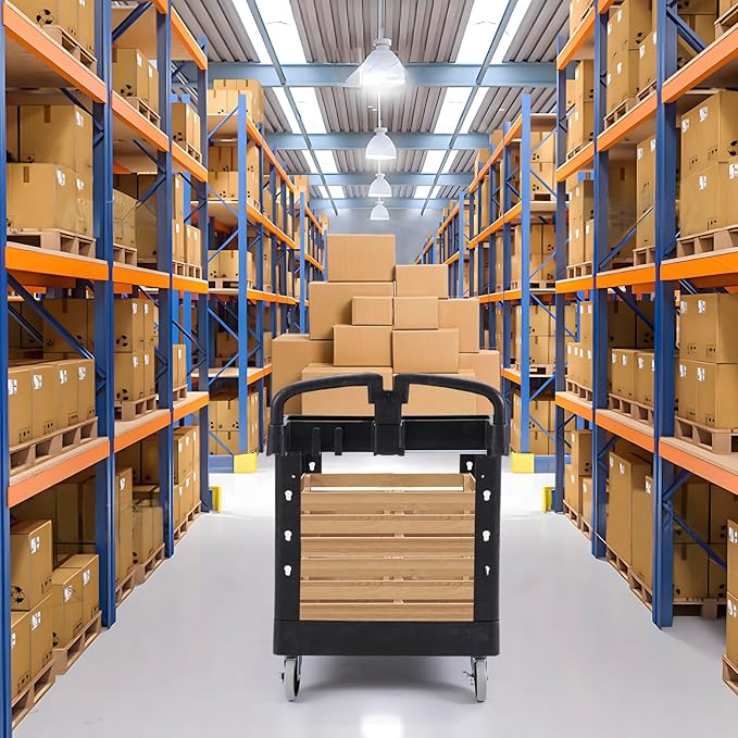 ELAFROS Extra Large Heavy Duty Plastic Utility Work Cart 43.5 x 24.6 Inch – 2 Tier Work Cart with Deep Tub Shelves, Ergonomic Handle, 5 Inch Casters, 550 lbs Capacity, Black