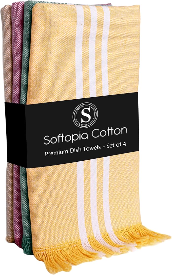 Stripe Kitchen Towels 4 Pack, 16"x26", Multicolors Dish Cloths for Drying Dishes, Reusable Wash Rags, Absorbent, Washable Towels - Mustard Yellow, Forest Green, Burgundy, Brown