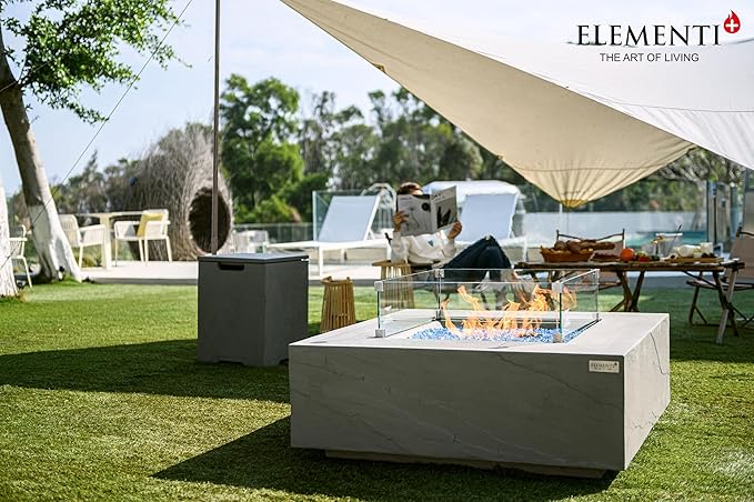 Elementi+ | Bergen Gas Fire Pit Cast Concrete 40" Square Fire Table, Outdoor Fire Pit Electronic Ignition | Canvas Cover, Fire Glass and Burner Lid Included | Dark Gray | Natural Gas