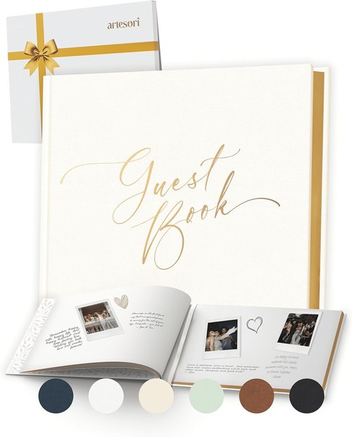 Regine Switzerland Wedding Guest Book - Elegant Gold-Foiled Design for Reception & Baby Showers | White Photo & Polaroid Pages