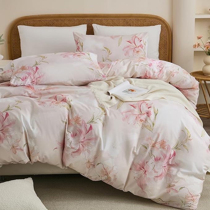 100% Cotton Duvet Cover King Size – Elegant Blush Lily Pink Floral Duvet Cover Set with Zipper Closure, 3-Piece Soft Breathable Natural Cotton Bedding Set for All Seasons