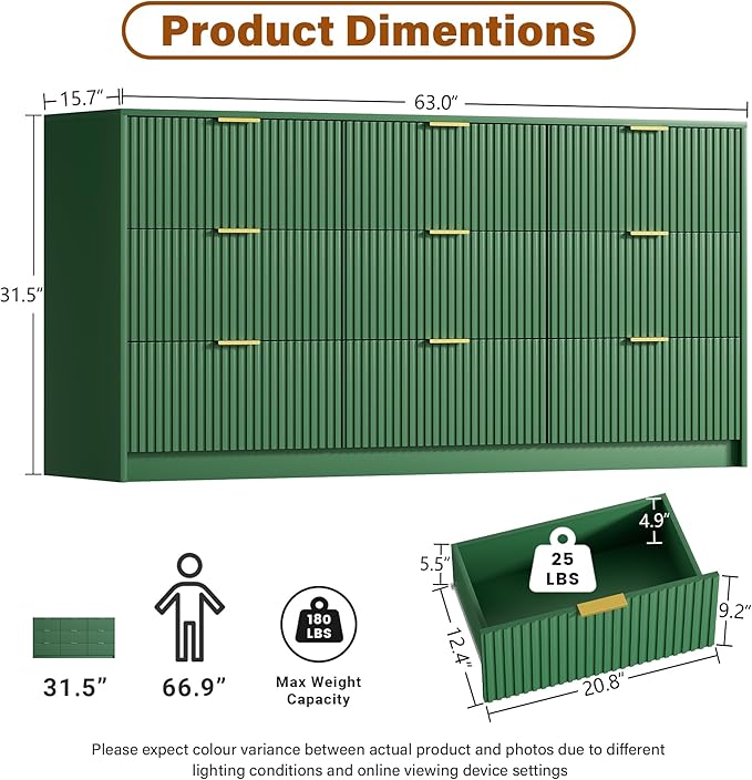 Green Dresser for Bedroom, Modern Dresser with 9 Drawers and Smooth Slides, Wide Chest of Drawers with Golden Handles for Bedroom, Living Room, Closet, 15.7" D x 63" W x 31.5" H