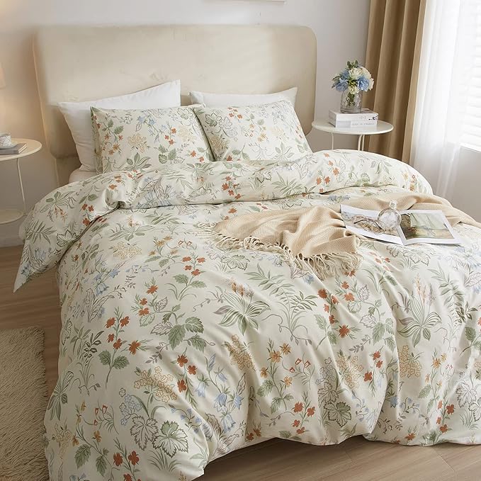 EAVD Reversible Botanical Floral Duvet Cover King White Soft Cotton Chic Shabby Garden Cute Floral Bedding Set with 2 Pillowcases Vintage Botanical Comforter Cover Set with Zipper Closure