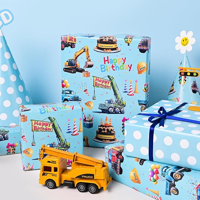 Altarho Reversible Construction Wrapping Paper Roll for Kids Boys - Blue Happy Birthday and Polka Dot Design Gift Wrap Sheets Supply for Baby Shower Party Decoration Total 28.5sq.ft