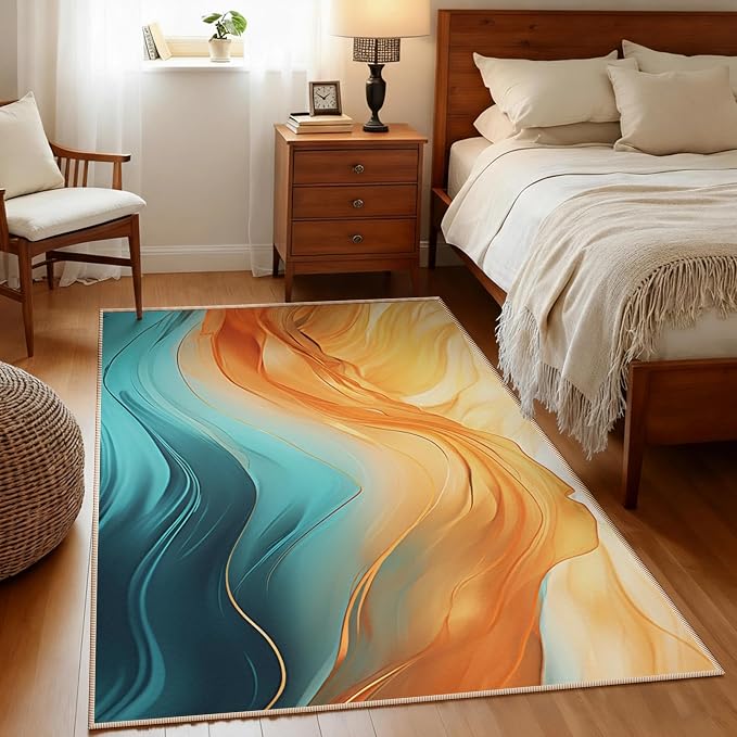 Teal Orange Living Room Rug Carpet 3x5, Turquoise Marble Decorative Area Rugs for Entryway Living Room Kitchen Bedroom, Orange Teal Gold Decor Carpet Non-Slip Machine Washable Indoor Entry Rug