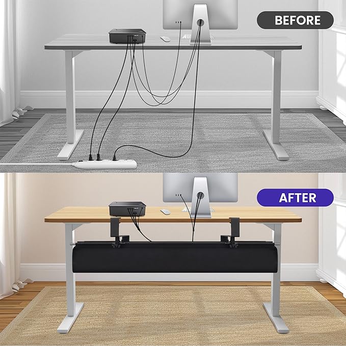 Under Desk Cable Management Tray, Clamp-On Cord Organizer，No Drilling Required, Holds Up to 22 lbs, for Cords, Routers, Power Strips (Black, 28.4inch)