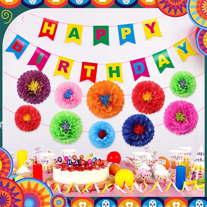 Geyee 27 Pcs Mexican Paper Flowers Colorful Fiesta Tissue Paper Flowers Mexican Carnival for Floral Party Backdrop Birthday Wedding Party 8, 10, 12 Inch(Stylish Color)