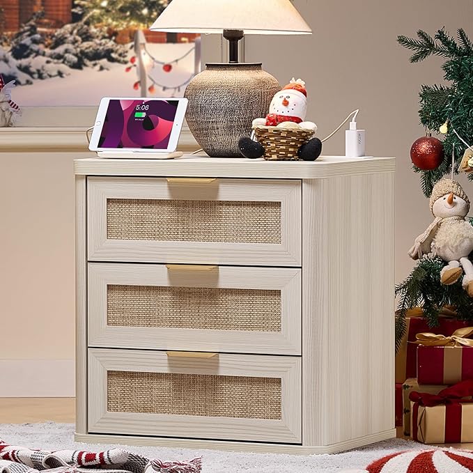 LEYAOYAO Rattan Night Stand with Charger Station, 23" Large 3 Drawer Boho Nightstand, Grey White Bedside Table Storage Cabinet, Bed Side End Tables for Bedroom, Living Room, Hallway