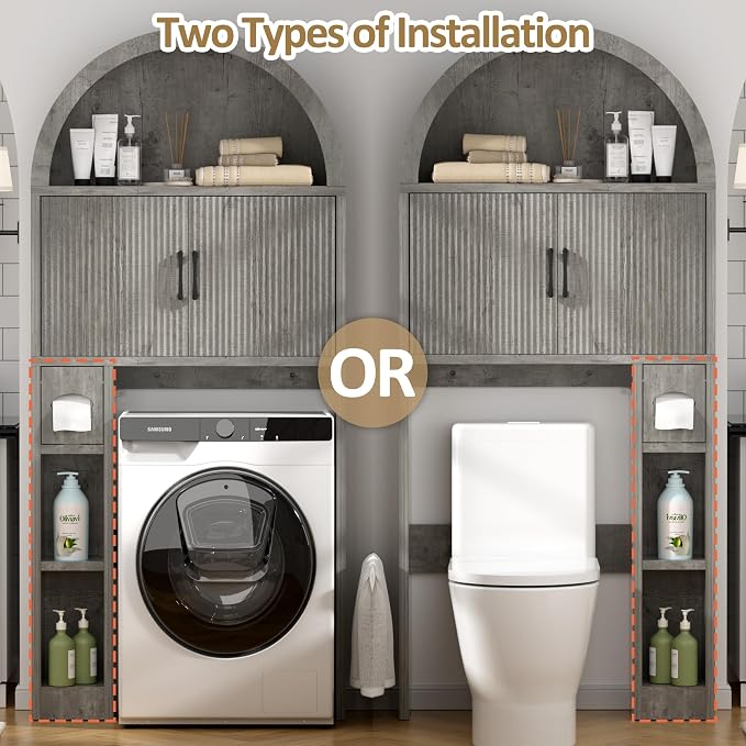 Spurgehom Over The Toilet Storage Cabinet, Bathroom Shelf Organizer Freestanding, Bathroom Arch Cabinet Over Toilet with Toilet Paper Holder and Anti-Tipping Device, Grey