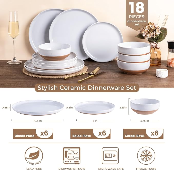 AmorArc Ceramic Dinnerware Sets for 6, 18 Pieces Handpainted Plates and Bowls Set with Rustic Terracotta Underside, Scratch Resistant Stoneware Dishes Set, Dishwasher & Microwave Safe, White