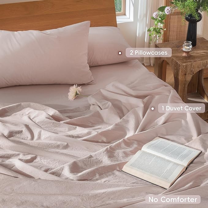 MooMee Bedding Duvet Cover Set 100% Washed Cotton Linen Like Textured Breathable Durable Soft Comfy (Heathered Greyish Pink, King 104"x90")