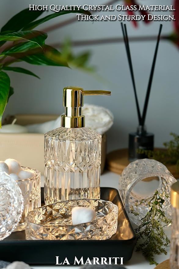 LaMarriti Clear Bathroom Accessories Set, 5pcs Crystal Glass Bathroom Set Accessories, Soap Dispenser, Toothbrush Holder Set, Soap Dish, Tumbler, Qtips Holder for Vintage Bathroom Decor, Gift Set