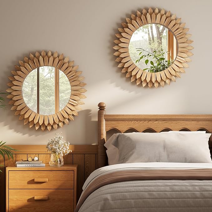 28 Inch Brown Boho Wall Decor Sunburst Mirror - Round Wooden Wall Decor, Handmade Rustic Circular Mirror for Living Room, Bedroom, Entryway, Office