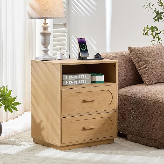Nightstand with Charging Station, Modern End Table with 2 Drawers Storage, Space-Saving Wood Storage Cabinet with Unique Base Design, Bedside Table for Bedroom, Living Room, Natural Oak