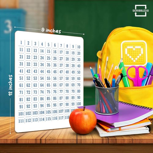 SCRIBBLEDO Dry Erase Number Chart - 100-Chart Whiteboard for First Grade Math | 9”x12” Size