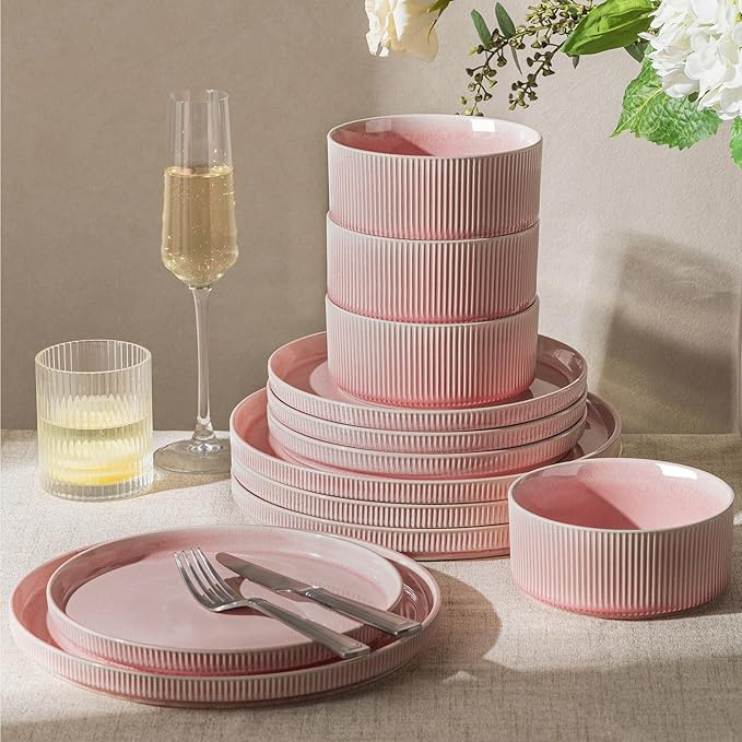 GBHOME 12-Piece Stoneware Dinnerware Set for 4 – Ribbed Ceramic Plates and Bowls, Scratch-Resistant, Microwave & Dishwasher Safe, Reactive Glaze, Blush Veil