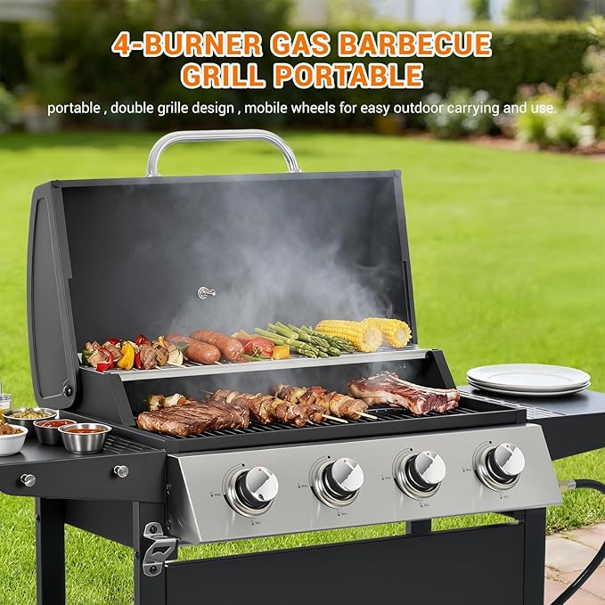EUHOME 4-Burner Gas Grill with Side Burner & Cover, 51000 BTU Stainless Steel Outdoor BBQ Grill, 452 sq.in Cooking Area, Ideal for Backyard, Patio Large Gatherings