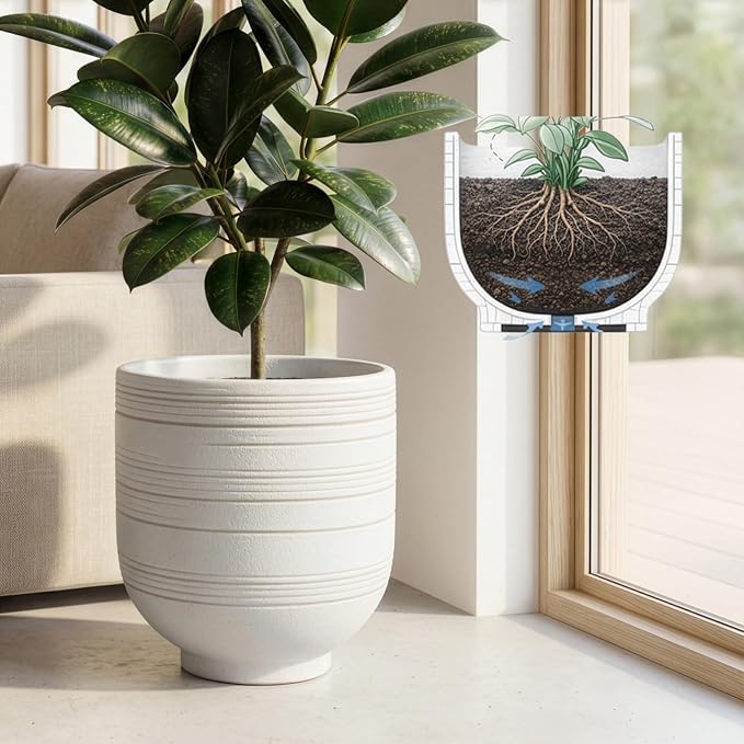 HERDUK Large White Ceramic Planter for Indoor Trees, Modern Indoor Floor Planter Pot for Olive Trees & Faux Olive Trees, Pottery Planter with Drainage for Real Plants