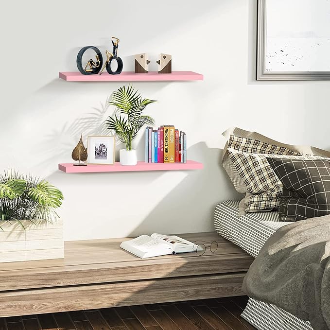 SAUMONIERES 24 Inch Floating Wall Shelves for Bedroom Bathroom Wall Mounted Solid Wood Shelf Storage Decor Set of 2, Pink Floating Shelves
