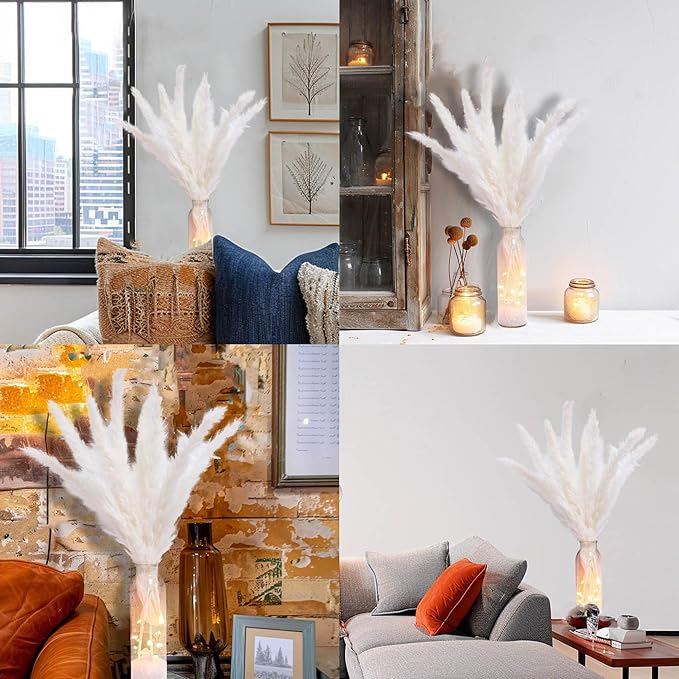 White Pampas Grass in Glass Vase with LED Lights & Faux Crystals, Dried Flowers Modern Floral Centerpiece for Home Decors Living Room Office Wedding Boho Farmhouse Table Decor