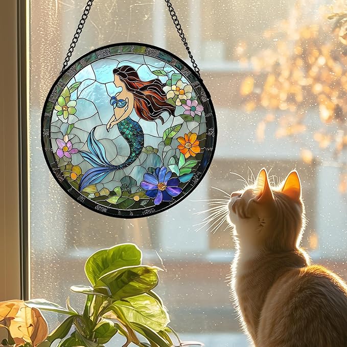 Stained Glass Window Hanging - Light Blue Mermaid Suncatcher for Door Terrace Garden Home Decor, Ocean Flowers Sun Catcher Birthday Gifts for Lovers Women Men Dad Mom Nana 15 in