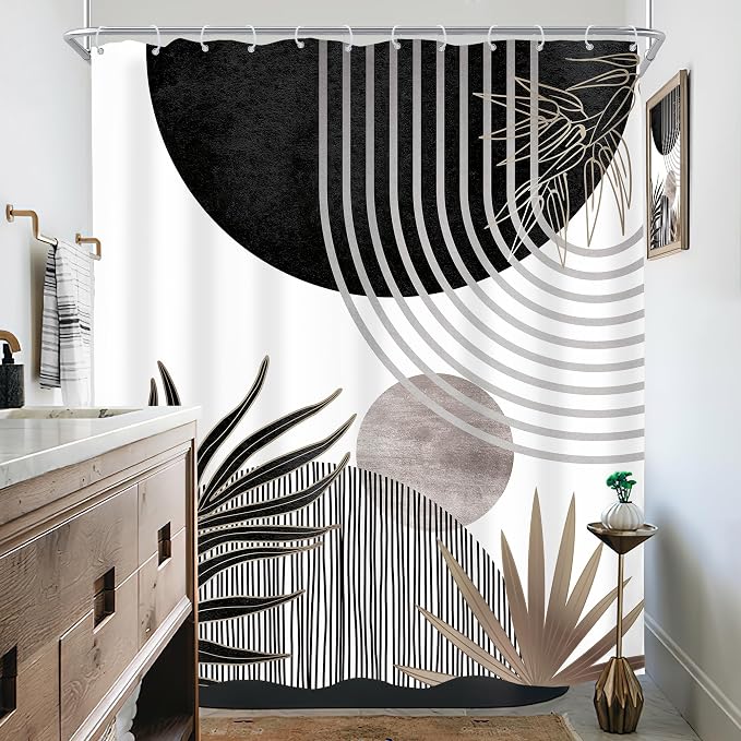 KOMLLEX Mid Century Black Grey Boho Shower Curtain 60Wx72L Inches Abstract Modern Shower Curtains for Bathroom Decor Plant Dark Grey Minimalist Arch Sun Fabric Liner Waterproof Polyester 12 Pack Hooks