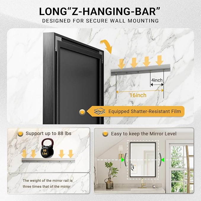 48 x 24 Black Framed Mirror for Bathroom, Beveled Black Bathroom Vanity Mirror Anti-Rust, Shatterproof Matte Black Rectangle Metal Frame Mirror, Vertical/Horizontal Large Wall-Mounted Mirrors