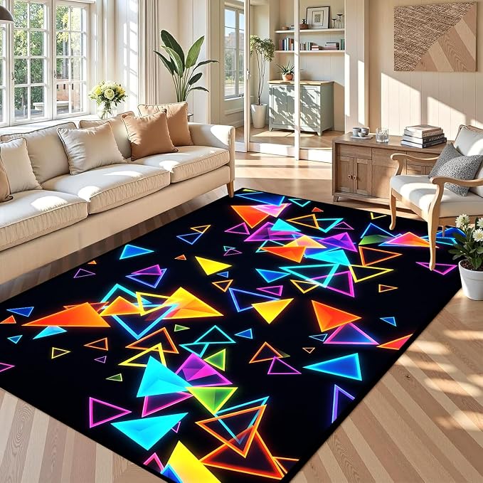 Triangle Area Rug 6'x9' Blacklight Glow in The Dark Geometric Rug Non-Slip Washable Colorful Neon Light Floor Mat for Bedroom Living Room Nursery Kitchen Playroom Home Decor